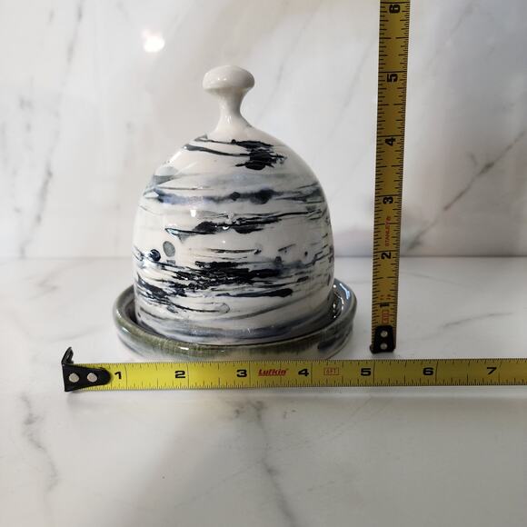Studio Pottery Butter Dish Artist Signed Black Swirl Ceramic Modern Decor - Picture 9 of 9